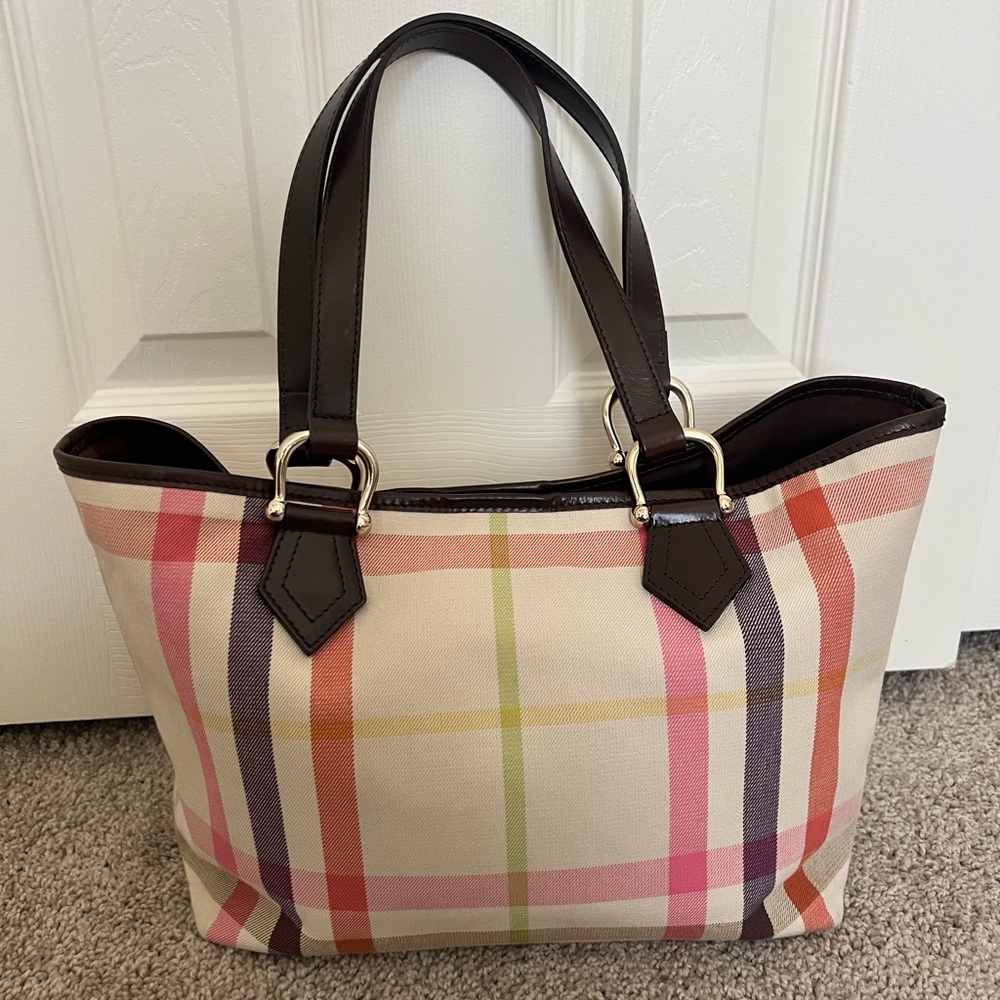 Authenticated Burberry Canvas Leather Trimmed Rainbow Checkered Shoulder Bag - Picture 3 of 12